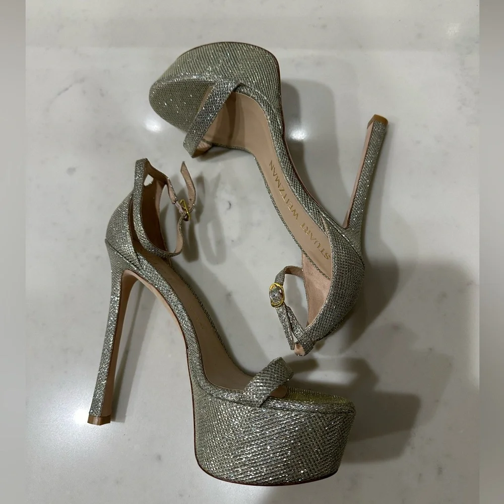 Stuart Weitzman Nudist Hollywood Platform Heel Silver Size 9.5 NWT Luxe Stiletto
